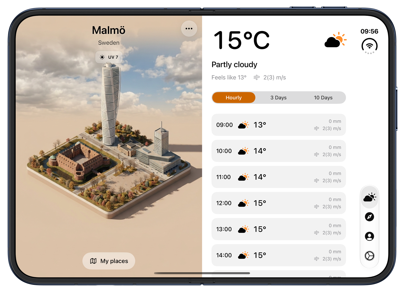IsoWeather fully unfolded on iPhone Duo, with Malmö beside the hourly forecast.