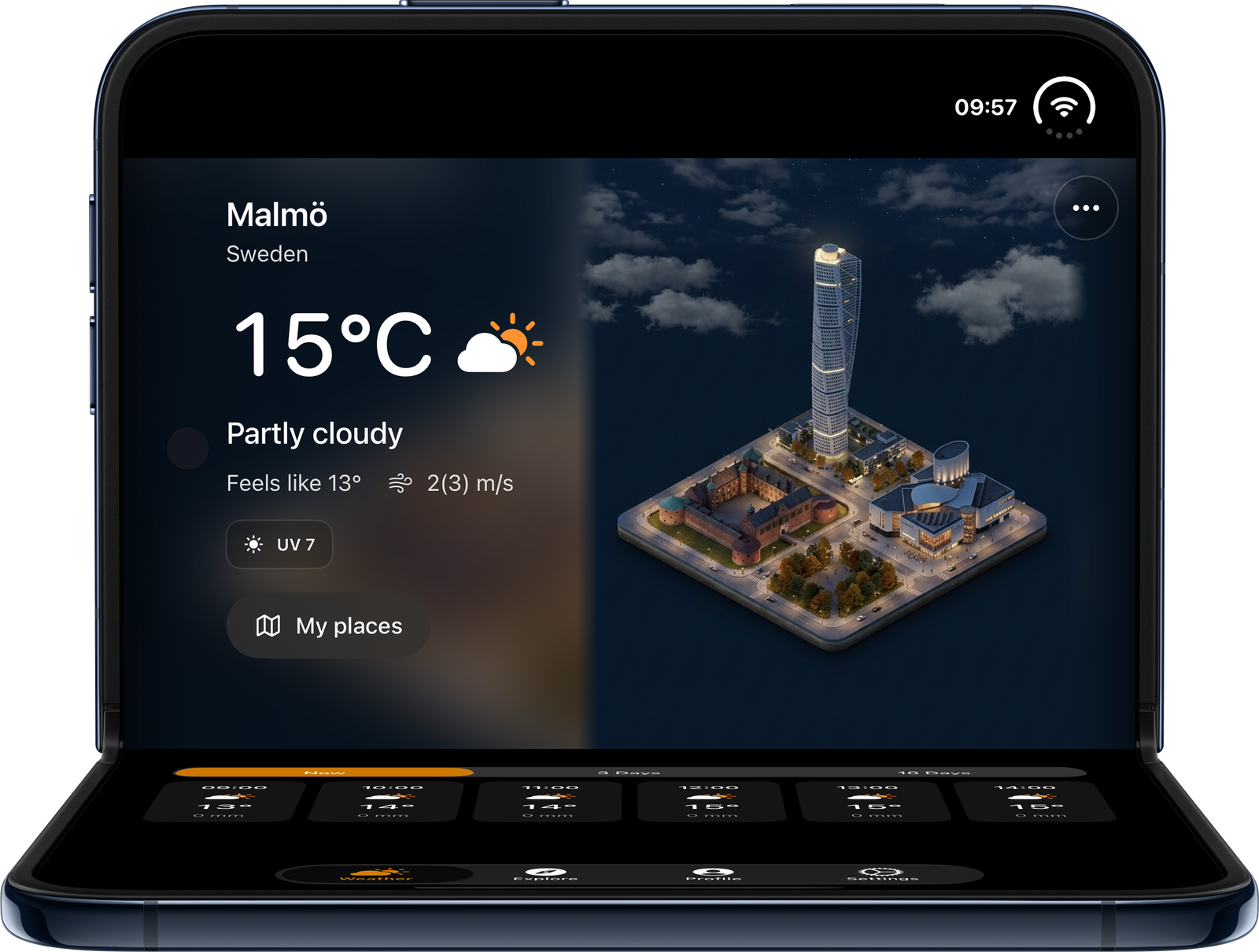 IsoWeather on half-folded iPhone Duo in dark appearance, with Malmö and current weather upright above the hourly forecast.